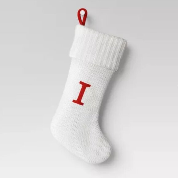 Knit Monogram Christmas Stocking - White - Letter I - Picture 1 of 5